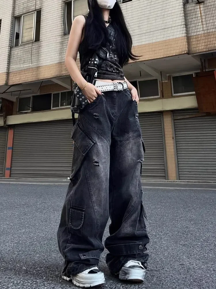 ADAgirl Black Ripped Cargo Jeans Women Hip Hop Harajuku Causal Loose Do Old Straight Wide Leg Denim Pants Y2k Chic Mujer Trouser