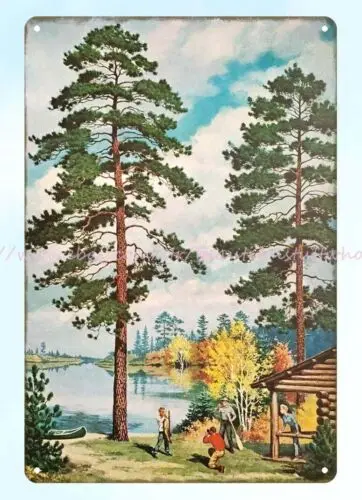 fall art 1955 Paintings of Trees fishing lake by Walter A. Weber metal tin sign