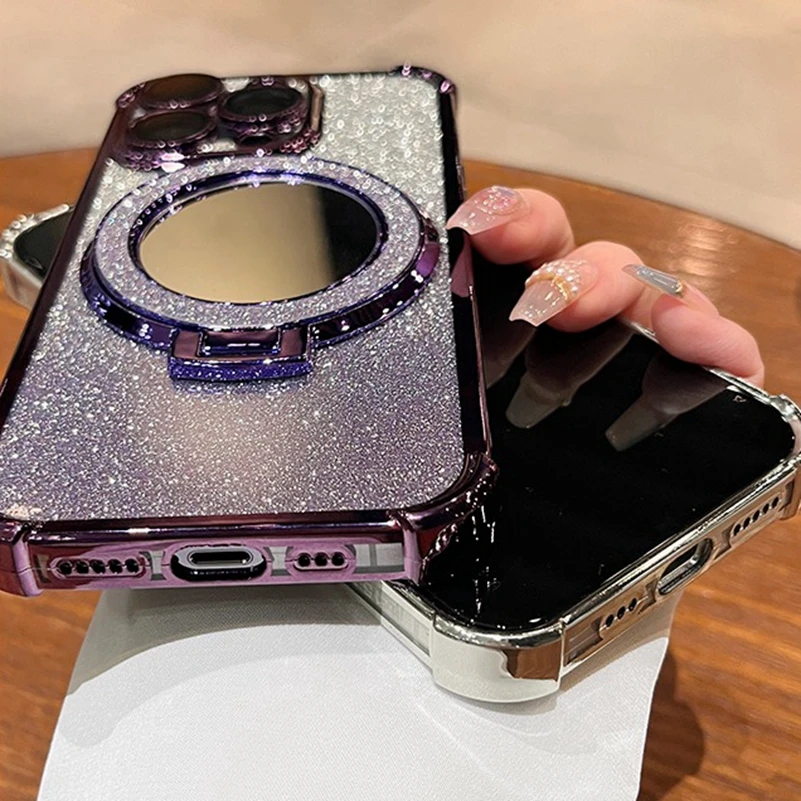 Airbag Case For iPhone 15 Pro Max Gradient Glitter Magsafe Mirror Cover For iPhone 14 Pro 13 12 11 Diamond Stand Holder Cover