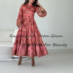 Ray Fashion A Line Prom Dress High Neck With Full Sleeves With Flower Print Tea Length For Formal Occasion فستان حفلة موسيقية