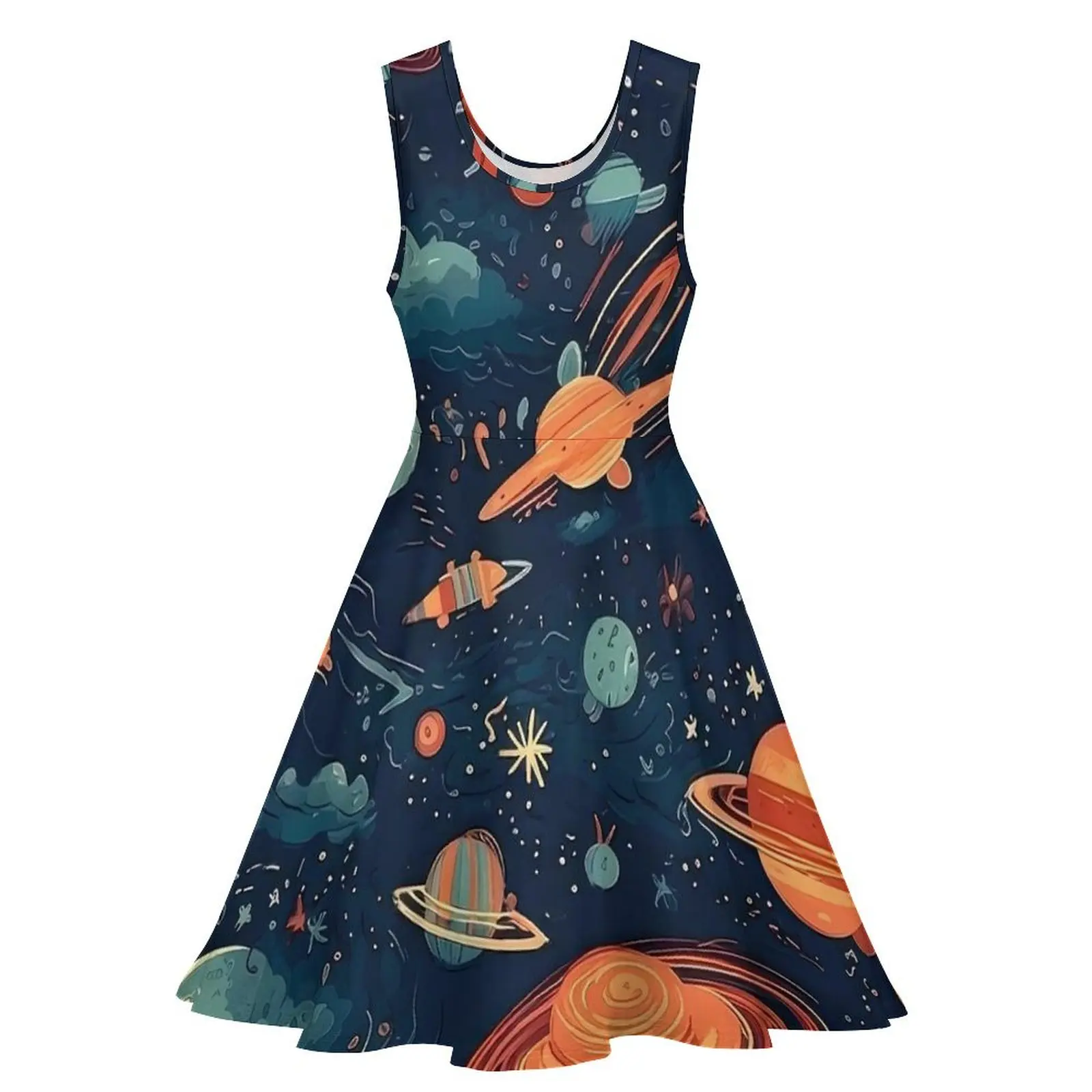 Space Sketch Dress Cute Planets Stars Beach Dresses High Waist Streetwear Custom Skate Dress Women Oversized Vestidos