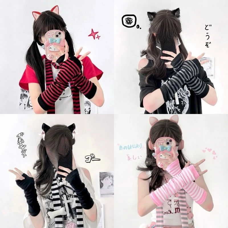 Korean Style Fashion Women's Knitted Striped Elbow Fingerless Gloves Gothic Punk Hip-hop Arm Sleeves Christmas Accessories Gifts