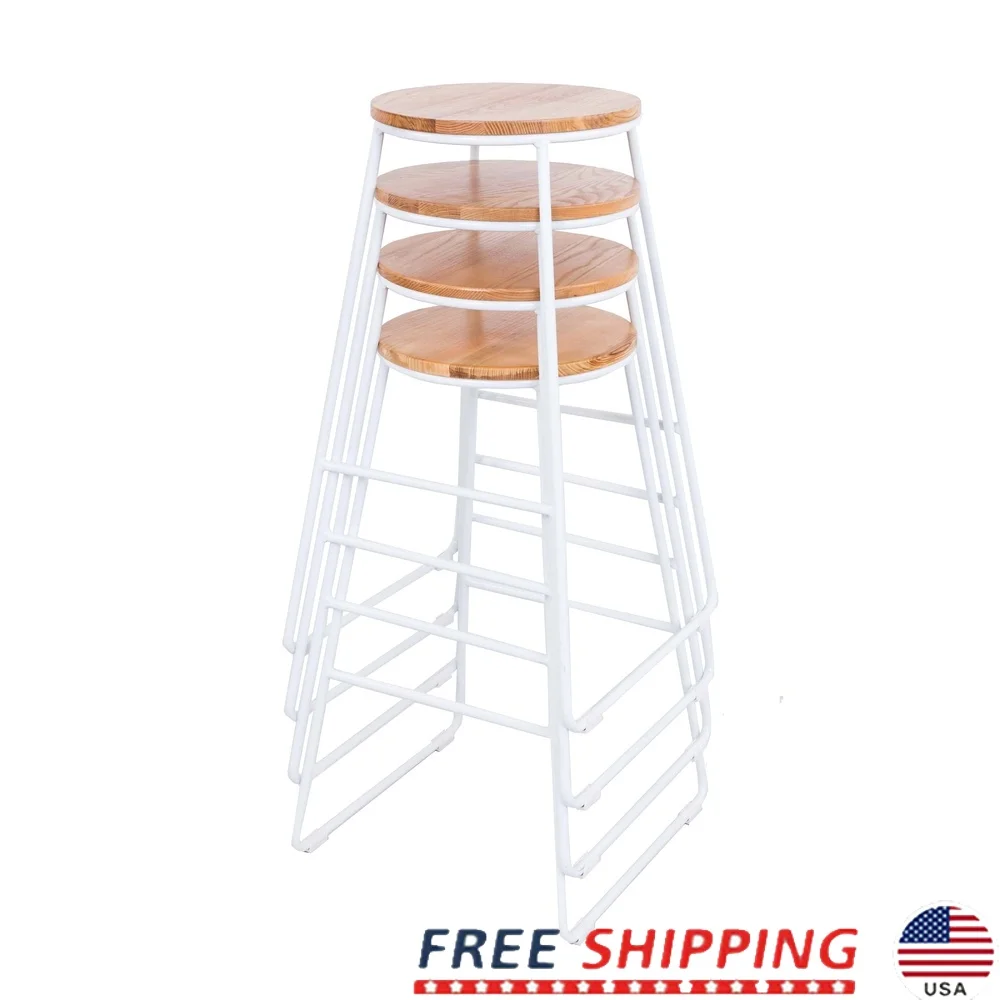 

Set of 4 Backless Bar Stools with Wood Seat Metal Frame Kitchen Dining Room Indoor Use Stacking