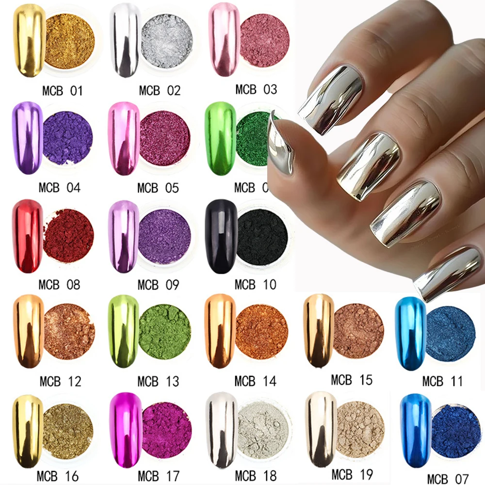 19 kleuren Nail Art Magische Spiegel Poeder Goud Zilver Holografisch Chrome Charm Spiegeleffect Pigment DIY Punk Nail Art Wrijven Stof