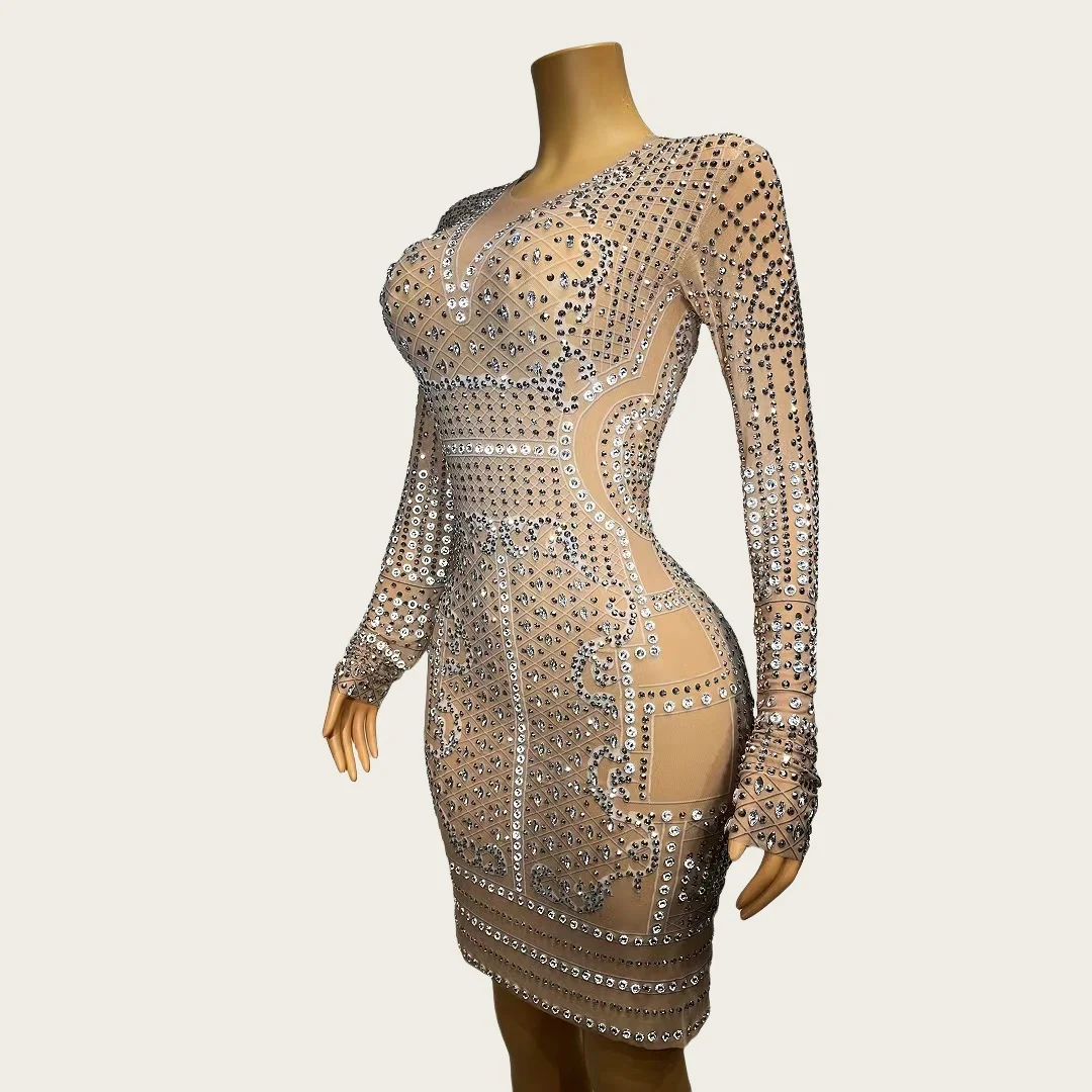 Magua Luxury Sparkly Rhinestone Tight Fitting Dress Long Sleeved Sexy Mesh Short Dress Event Prom Party High-end Women Couture