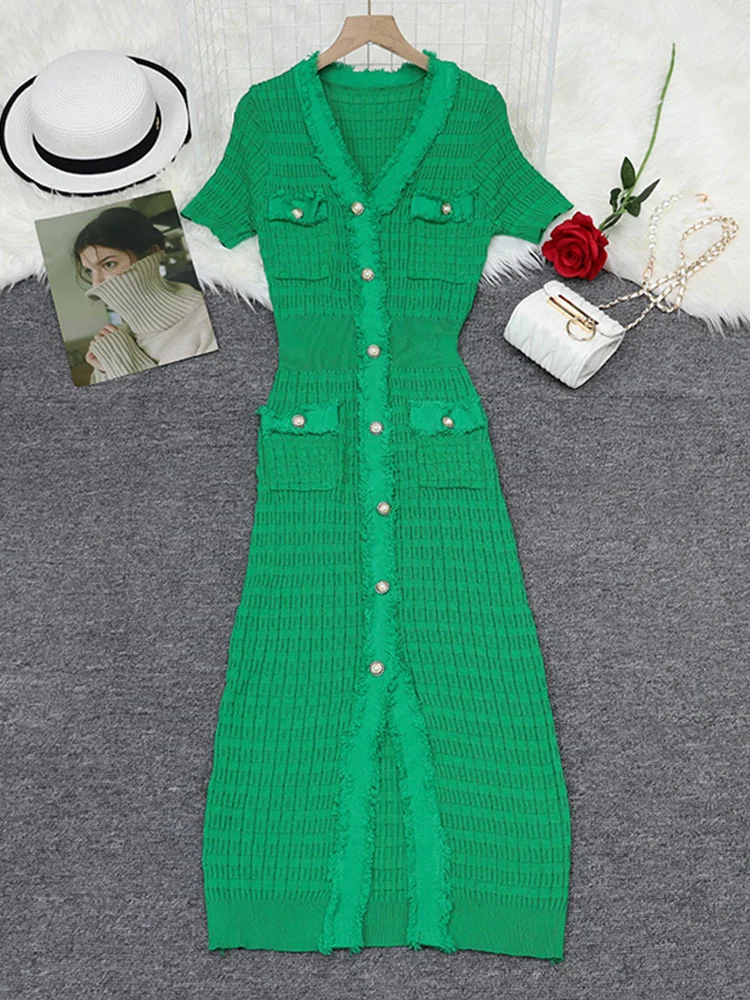 

Elegant V-Neck Single Breasted Short Sleeved Slim Knit Dress 2025 New Fashion Spring Women'S Clothing