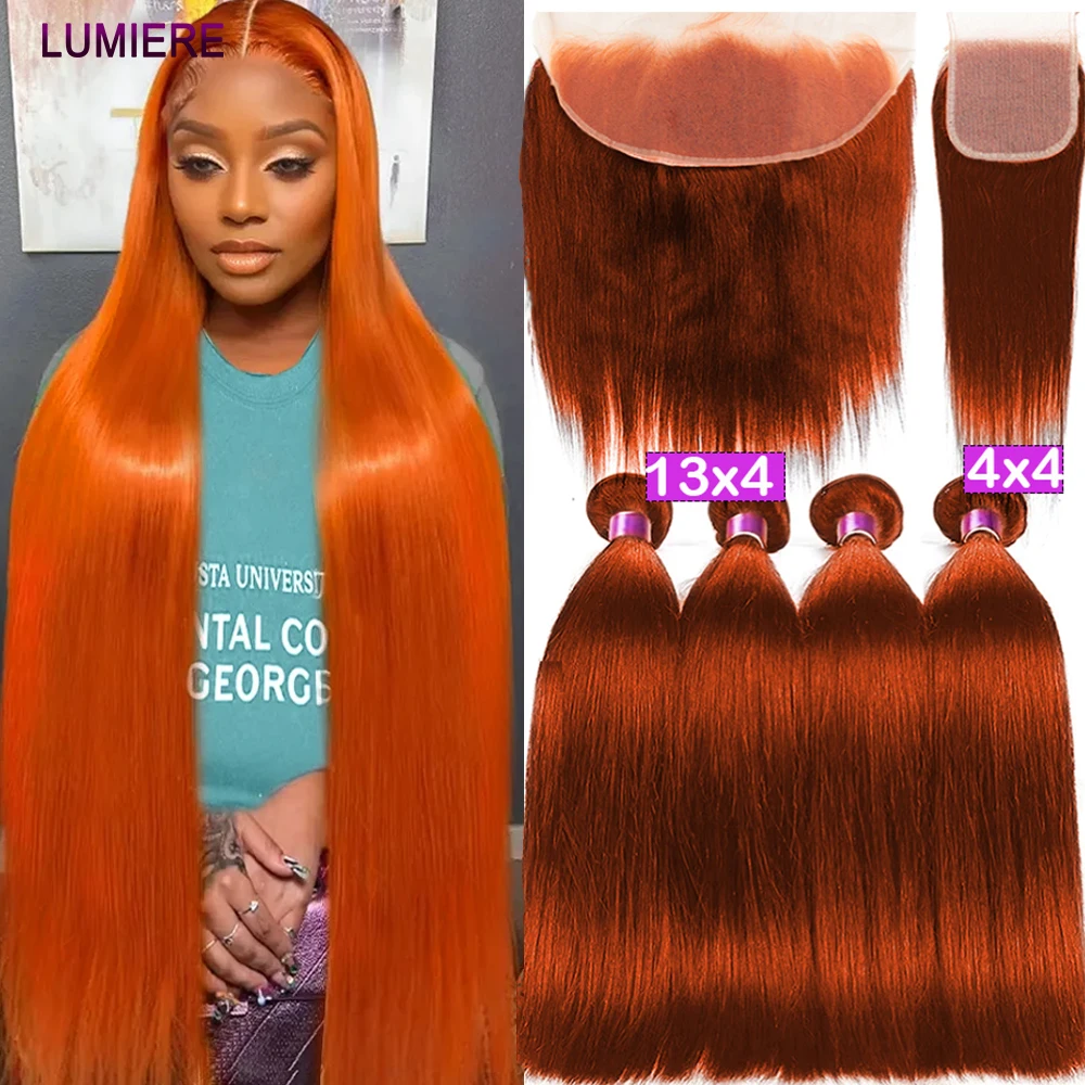 Mechones de cabello humano con cierre Frontal HD transparente, mechones de cabello humano 3/4 de color naranja y jengibre, hueso liso