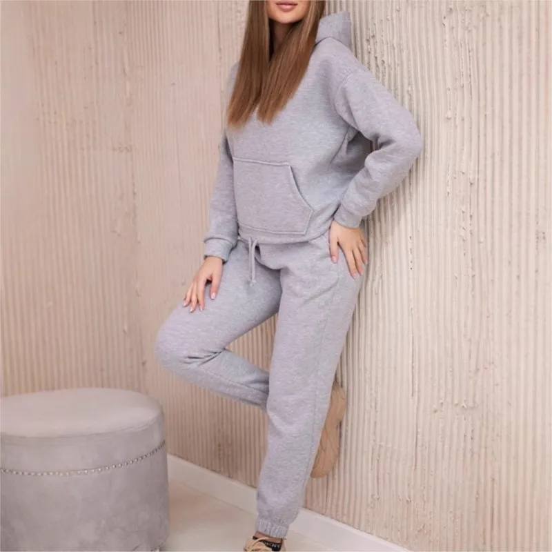 الخريف الشتاء سميكة المرأة مقنعين البلوز الصوف 2 قطعة مجموعة أزياء بسيطة جيب فضفاض الرياضة عارضة قطعتين مجموعة