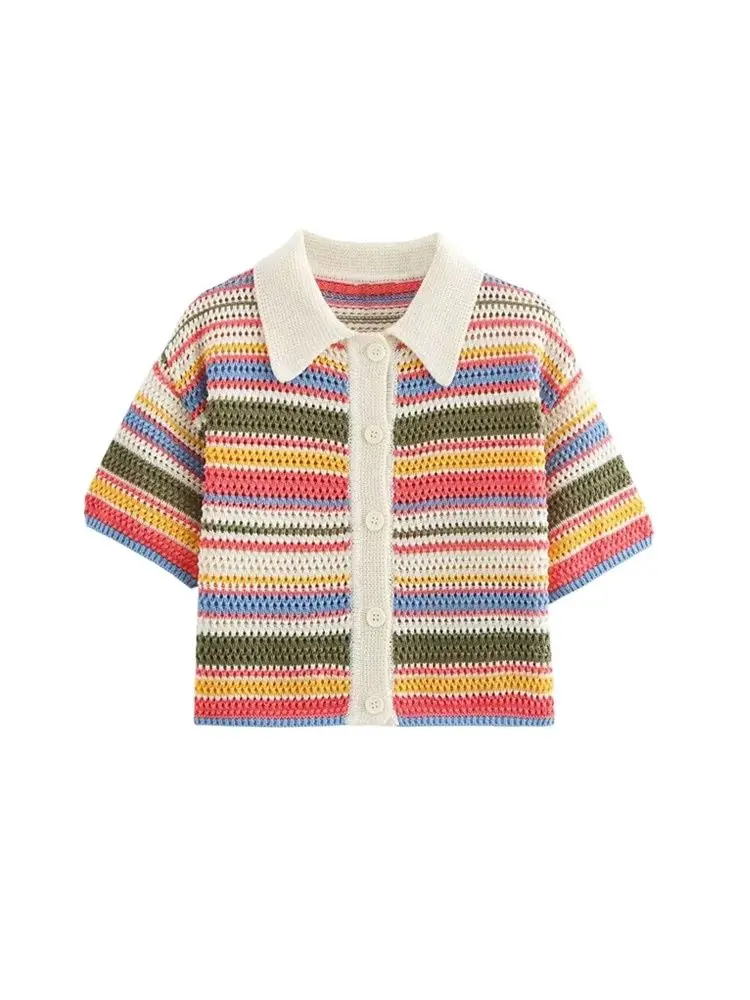 

Женский полосатый вязаный укороченный свитер, воротник-поло, короткий рукав, пуговицы, женская верхняя одежда, шикарные топы, мода