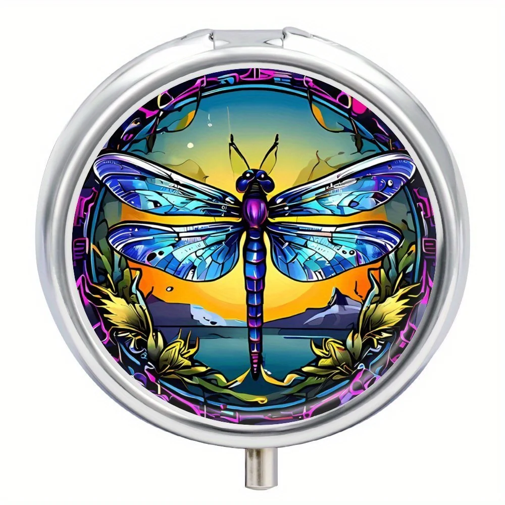 Dragonfly Art 3-Compartment Pill Box - Compact & Portable Medicine Organizer For Purse Or Travel,Decorative Metal Case