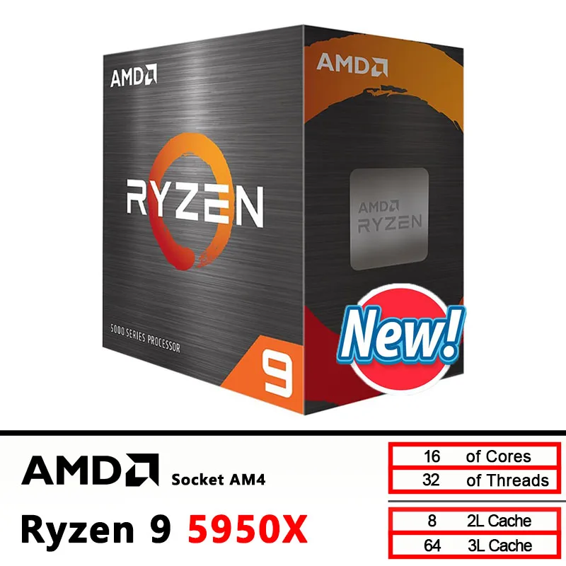 AMD Ryzen 9 5950X BOX Nowy R9 5950X 16-rdzeniowy 3.4 GHz Socket AM4 105W Socket AM4, ale bez chłodzenia