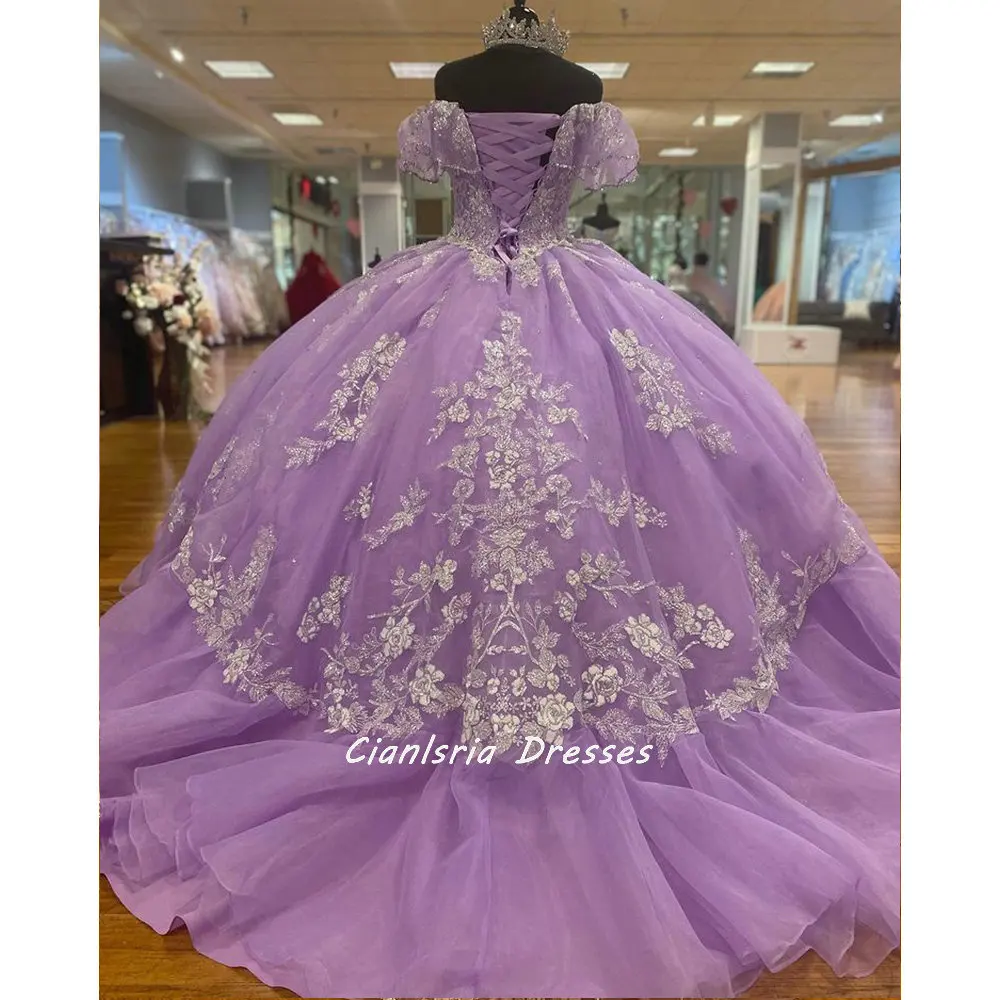 Oải Hương Xù Tầng Váy Quinceanera Đầm Bầu Lệch Vai Appliques Ren Pha Lê Áo Ngọt 15 Đảng Mặc