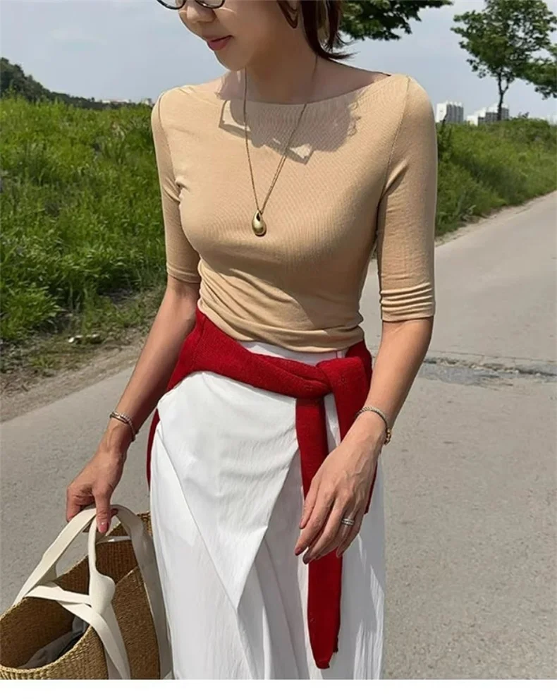 Sexy Halbarm Slim Fit Tees Koreanische 2026 Sommer Trendy Slash Neck Frauen T-shirts Off-schulter Feste Beiläufige Vielseitige top – Detail 2