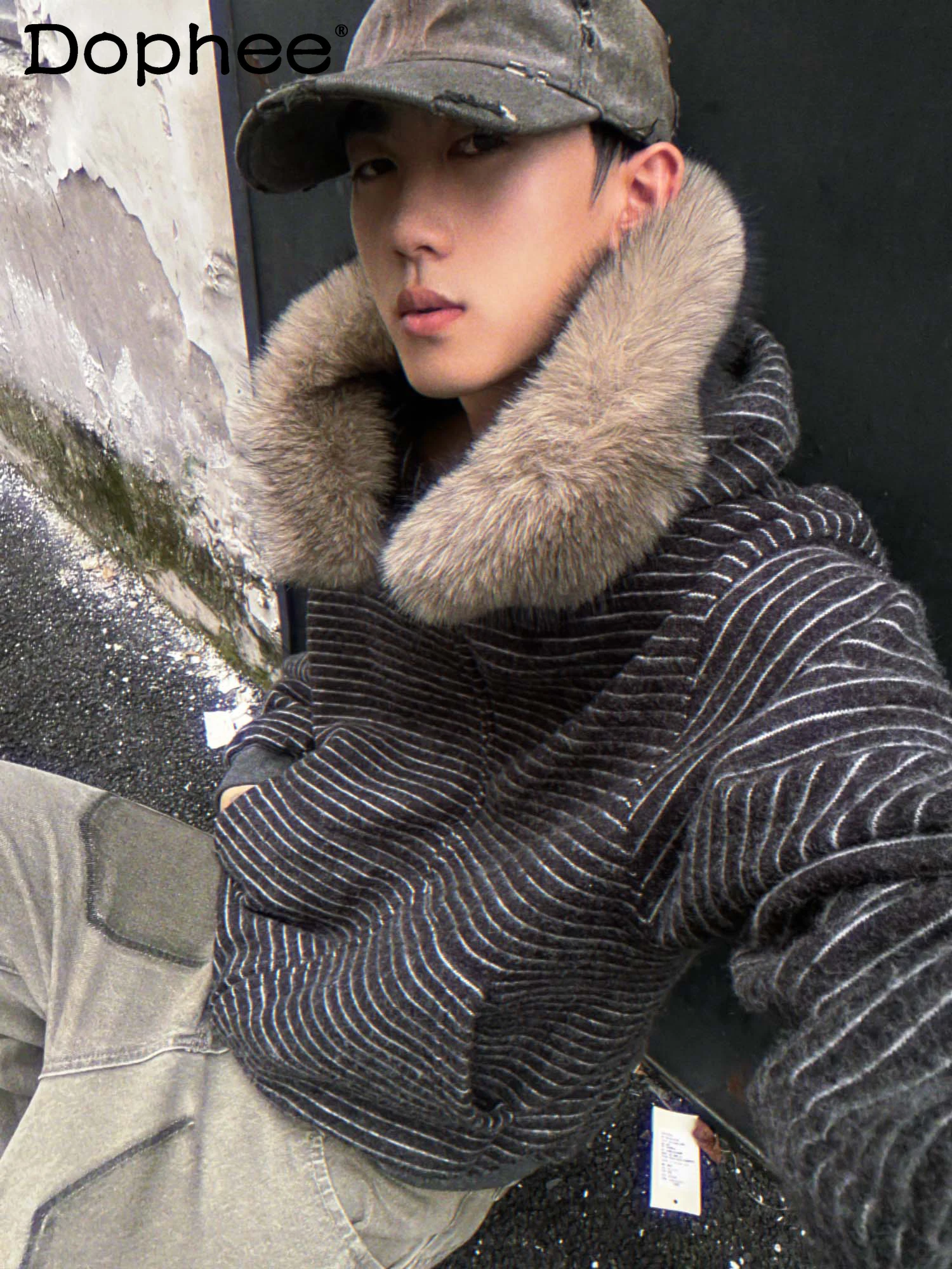 

2025 Early Autumn New American Style Fur Collar Striped Zipper Cardigan Hooded Sweatshirt Fashion Trend Unisex Jacket