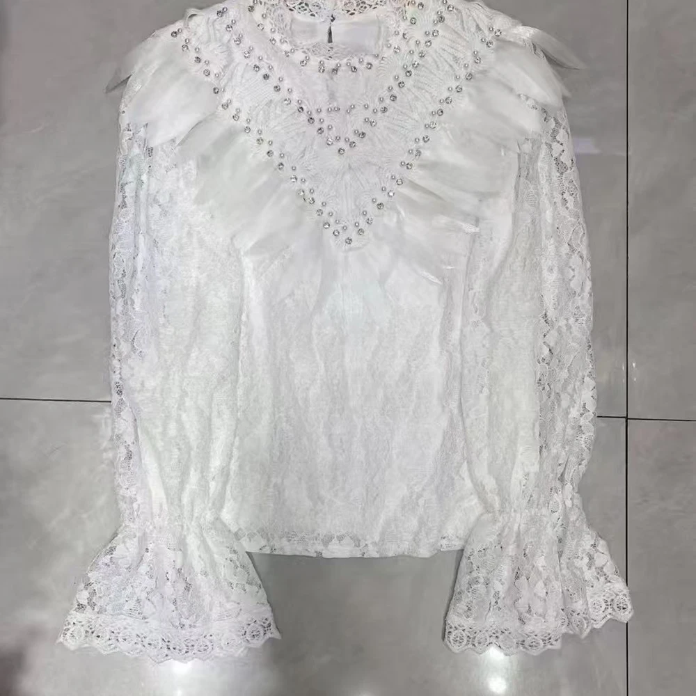 بلوزات TWOTWINSTYLE متينة من الدانتيل والماس للنساء برقبة دائرية وأكمام طويلة قمصان ربيعية أنيقة طراز أنثى KBL553148 #6