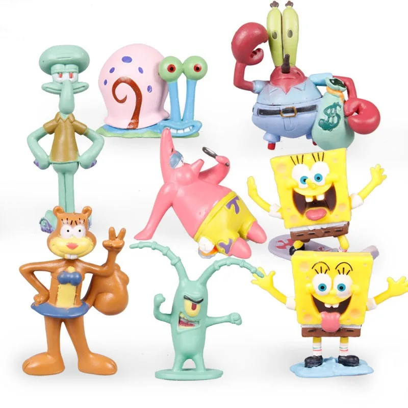 8Pcs SpongeBob SquarePants Ornament Doll Toy Hand Model Cake Fish Tank Micro Landscape Scene Shape Ornament Boy Birthday Gift