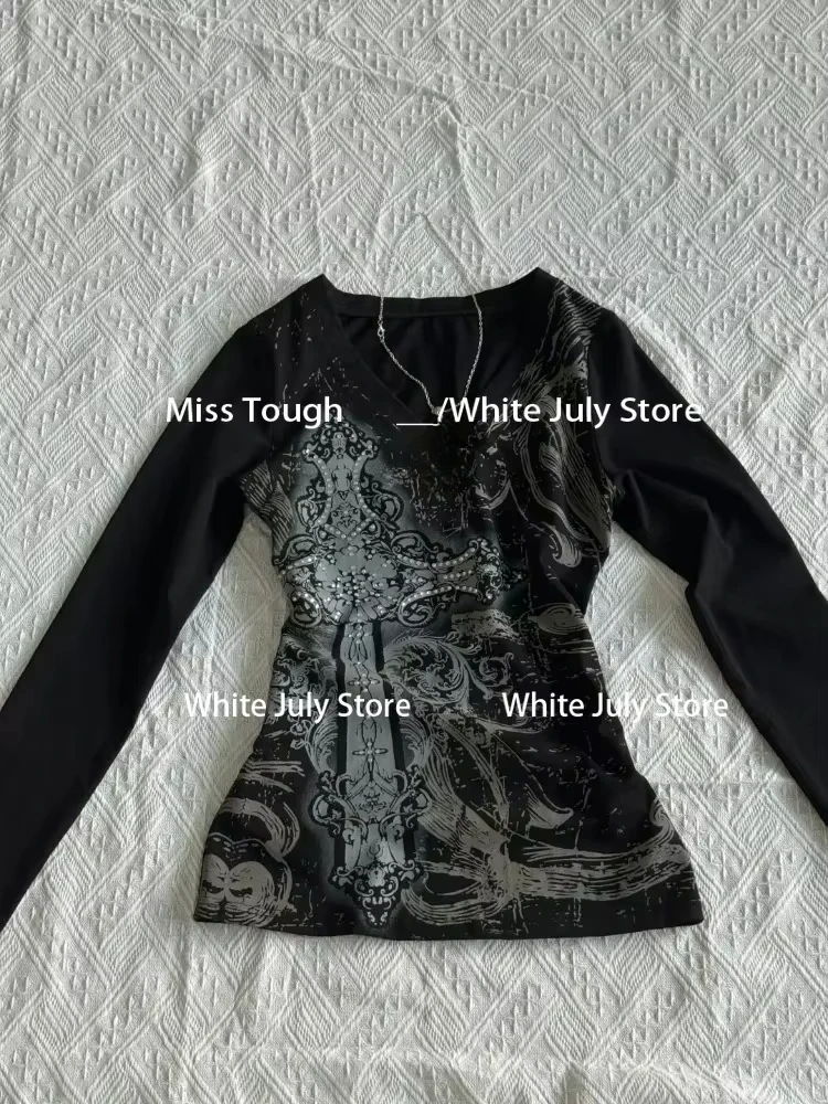 Black Vintage Gothic T-shirts Women Y2k Black Punk Graphic Hoodie Grunge Retro Sexy V-neck Cotton Tees Aesthetic Harajuku Top image 4