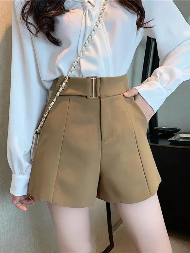 Shorts Women High Waist Wide Leg A-line Solid Loose Belt Design Spring Korean Fashion Elegant All-match Office Ladies Stylish