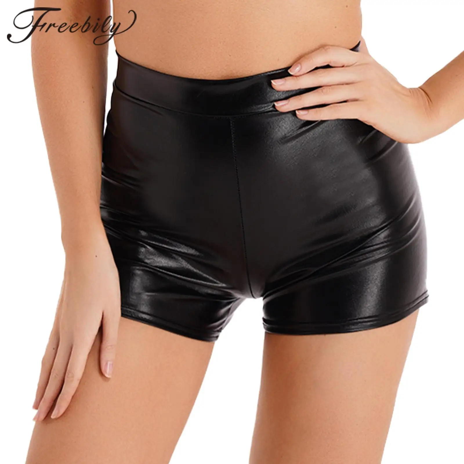 

Womens Swimwear High Waist Patent Leather Shorts Swimming Trunks Female Elastic Waisted Shorts Femme Solid Color Hot Pants