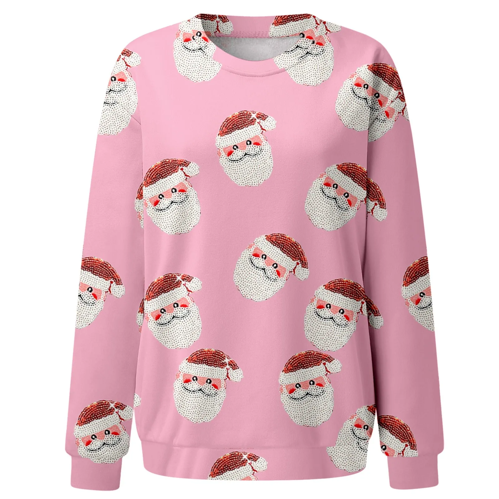 Woman Clothing Father Christmas Print Sequin Sweatshirt Long Sleeve Round Neck Classic Hoodie Festive Versatile Y2k Clothes