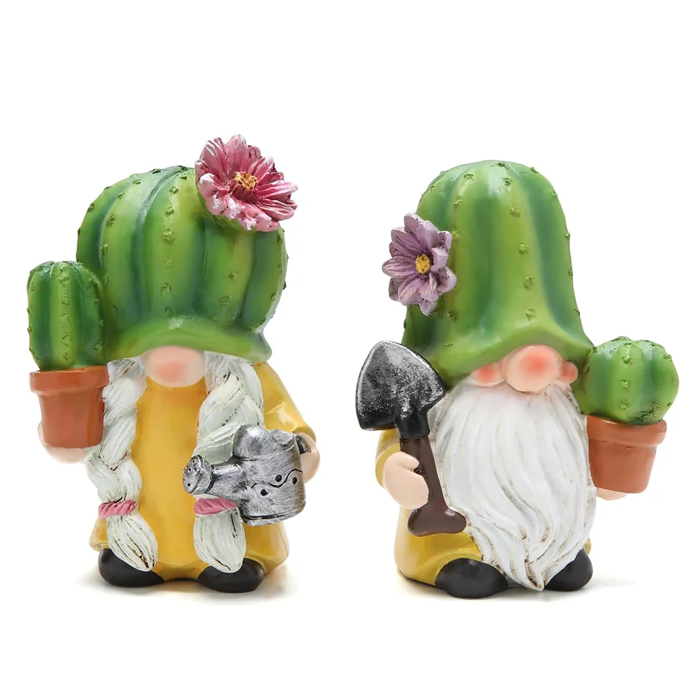 Hodao 2-Piece Cactus Gnome Figurine Set, Resin Gardener Couple with Flowering Succulent Hats, Potted Plants, Watering Can and Trowel, Collectible Farmhouse Tabletop Decor for Kitchen Shelf, Patio, Sunroom, Housewarming, Birthday or Botanical Lover Gift