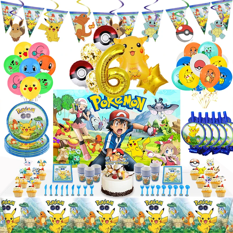 Pokemon Birthday Party Pikachu Theme Tableware Set Pokemon Party Decorations Backdrop Latex Foil Balloon For Kids Party Supplies