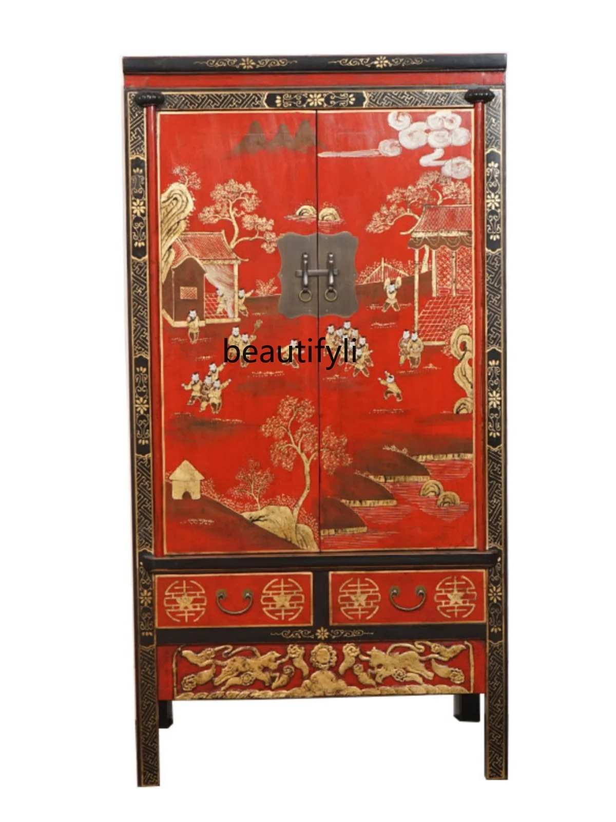 

Classical Solid Wood Bedroom Wardrobe Ming and Qing Painted Distressed Clothes Closet Storage High Cabinet Entrance Cabinet