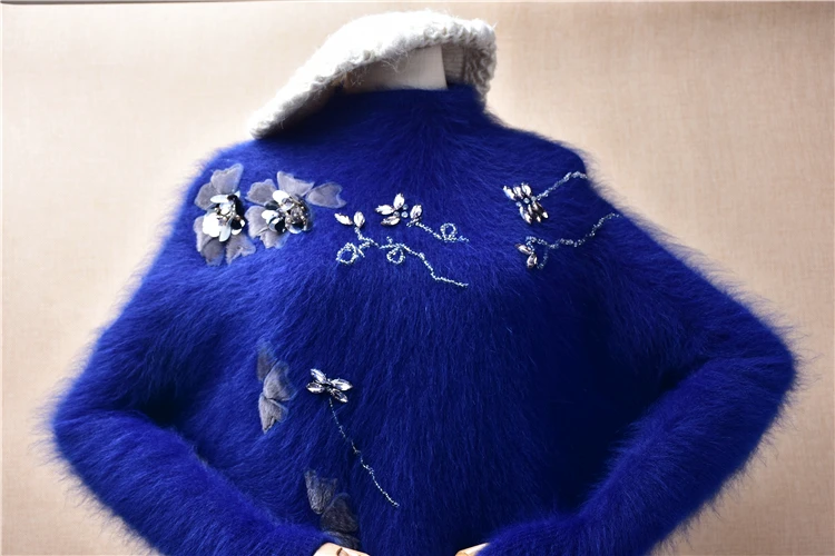 Ladies Women Fall Winter Clothing Blue Beaded Sequins Hairy Mink Cashmere Knitted Split Turtleneck Loose Pullover Sweater Jumper