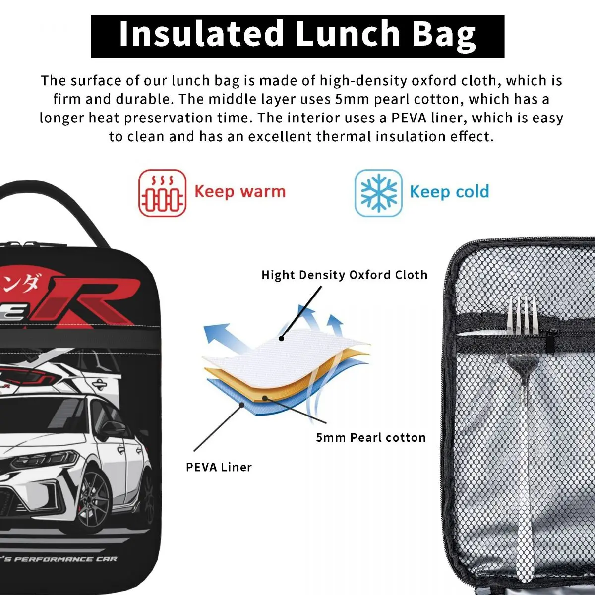 2023 Classic Type R Sports Car Insulated Lunch Bag Japanese Jdm Food Box Reusable Cooler Thermal Bento Box Picnic