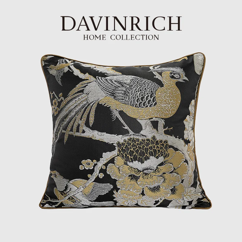 DAVINRICH Ancient Chinese Art Cushion Covers Black Gold Flower Bird Jacquard Pillow Case For Living Room Sofa Hotel Model Room