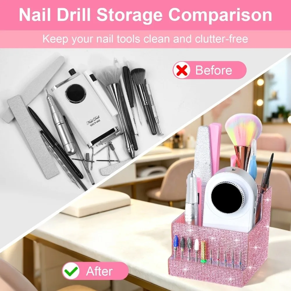 Full Rhinestone Nail Art Tool Organizer Dual Compartment 10 Slot Holder Drill Bit Holder Multifunctional Large Capacity