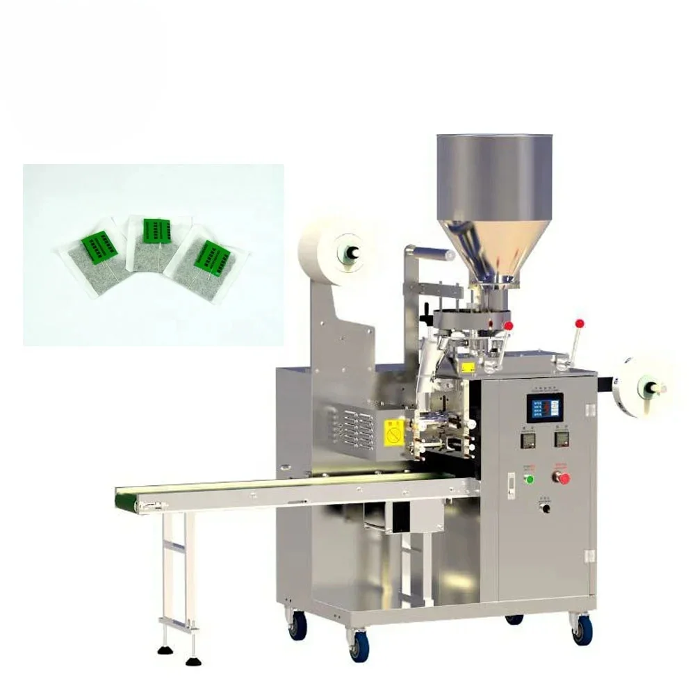Automatic small tea bag filter paper tea powder sachet pouch horizontal pillow packaging machine with thread tagHOT SALES