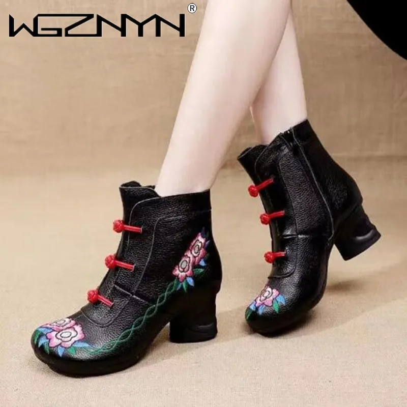 Floral Ankle Boots For Women Autumn Winter Genuine Leather Women\'s Boots Retro Handmade Comforable Shoes High Heels Botas Mujer