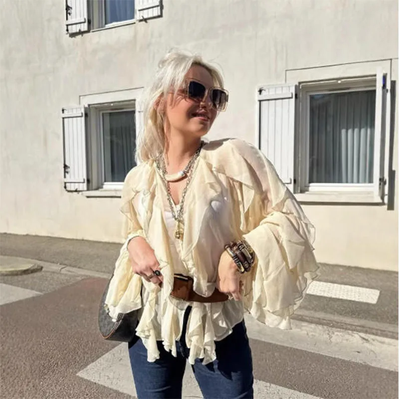 

Независимая оптовая трансграничная платформа Aliexpress, европейская и американская женская одежда, многослойная декоративная рубашка с v-образным вырезом, свободный топ с длинными рукавами для женщин