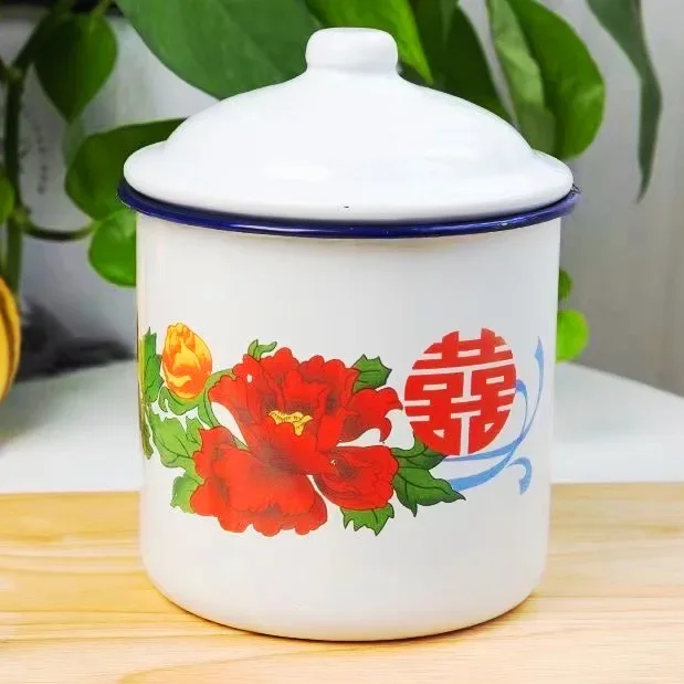 Nostalgic Enamel Cup - Double Happiness Flower Retro Iron Teapot with Cover