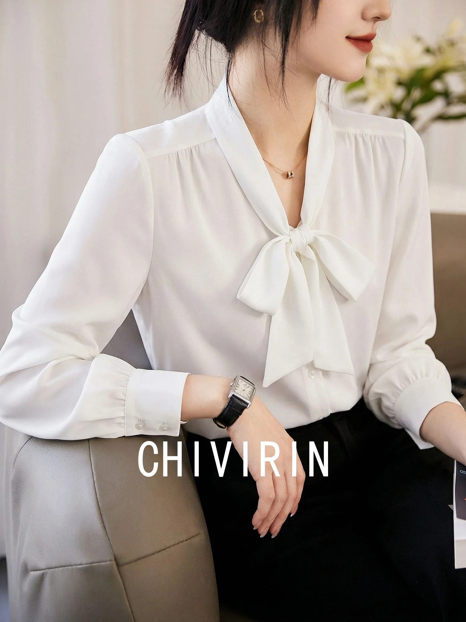 

Elegant Chivirin Women's Shirt Cool Long Sleeve Knot Slimming Summer 2026 Polyester Spandex Blend Commute Style