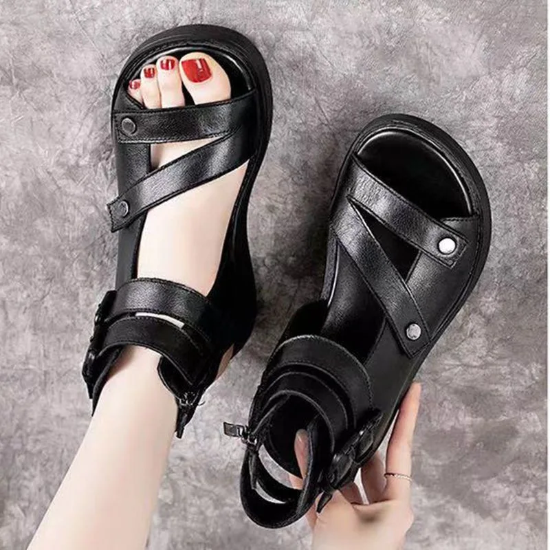 Women\'s High Heel Roman Shoes Summer Fashion Shoes 2023 New High Top Soft Leather Slope Heel Cool Boots Thick Sole Sandals Woman