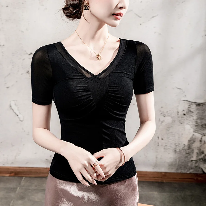 MadBlack-Women's European T-Shirt, Sexy V Neck Folds Patchwork, Streetwear Half Sleeve Slim Mesh S-3XL Tee, 2025 Summer T56279CC