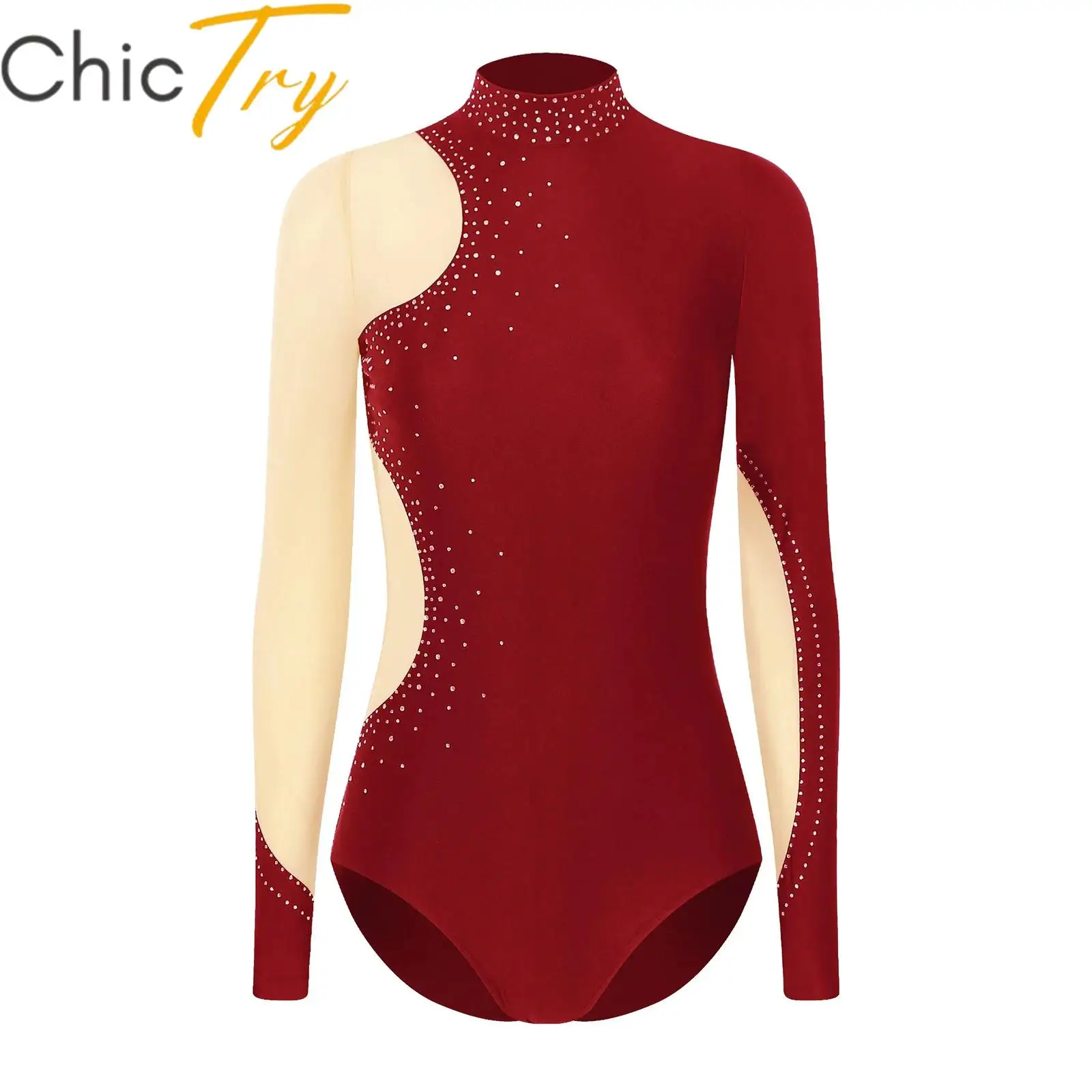 

Figure Skating Dance Leotard for Womens Adults Gymnastics Bodysuit Sheer Mesh Long Sleeve Unitards Dance Performance Costume