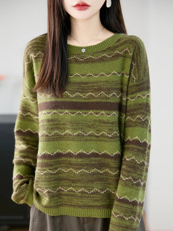 

Ретро-свитер в полоску с длинными рукавами, женский, осенне-зимний, свободный, стройнящий, в стиле оверсайз, с круглым вырезом, базовый слой