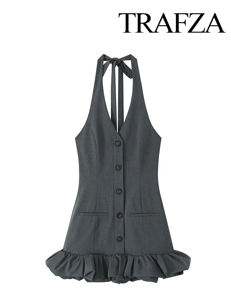 

TRAFZA Female Summer Solid V-Neck Sexy Backless Slim Sleeveless Dress Female Chic Fashion Bow Lace-Up Single-Breasted Mini Dress