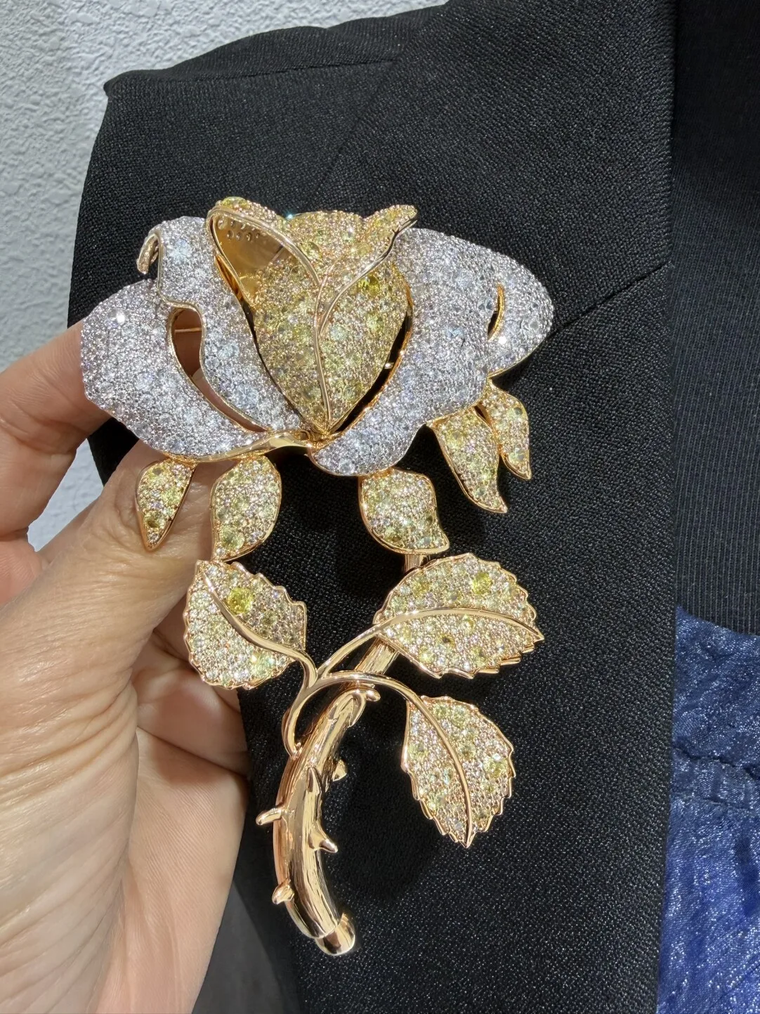 yellow rose flower brooch big size copper with cubic zircon fashion women jewelry