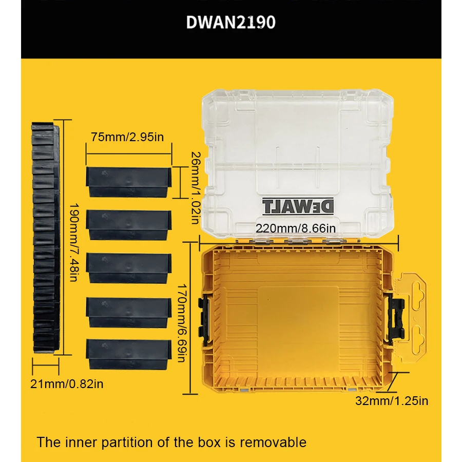 Imagem -02 - Dewalt-caixa Plástica Transparente do Armazenamento Grande Caixa da Peça Caixa Empilhável Multifuncional Dwan2190 220*170*32 mm