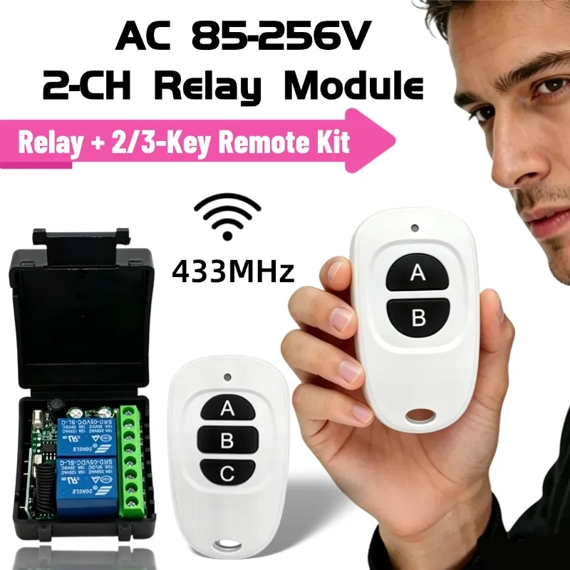 AC 85-256V 433MHz RF Wireless Remote Control Switch 2CH Receiver Relay For Garage Door Gate Motors Curtain Lighting