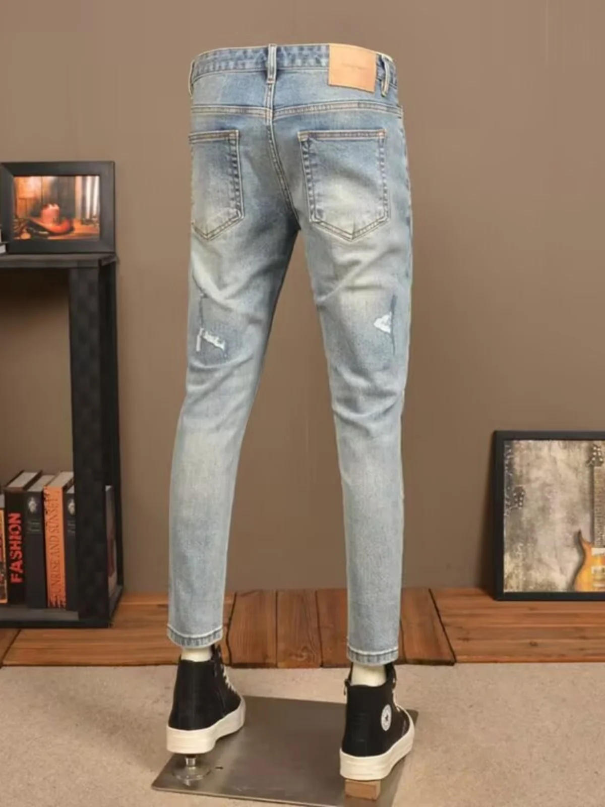 

Spring Autumn Men's Faion Paint Splatter Slim Fit Jeans Elastic Hole Trendy Brand Haome Long Pants Youth Casual Denim