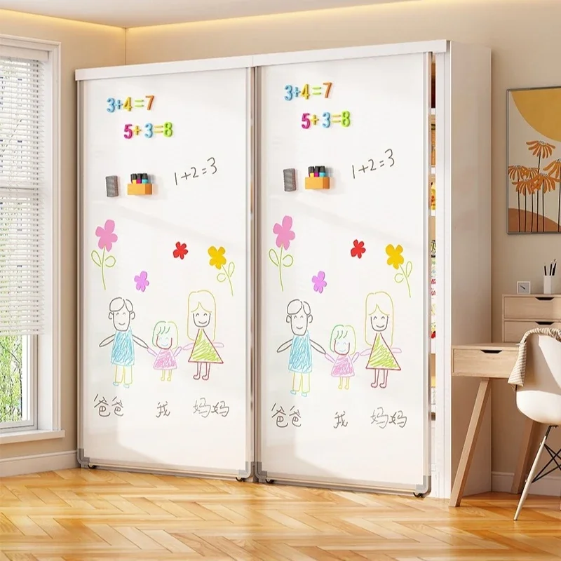 Household double track whiteboard door with bookshelf, fully covered push-pull steel dust-proof bookcase