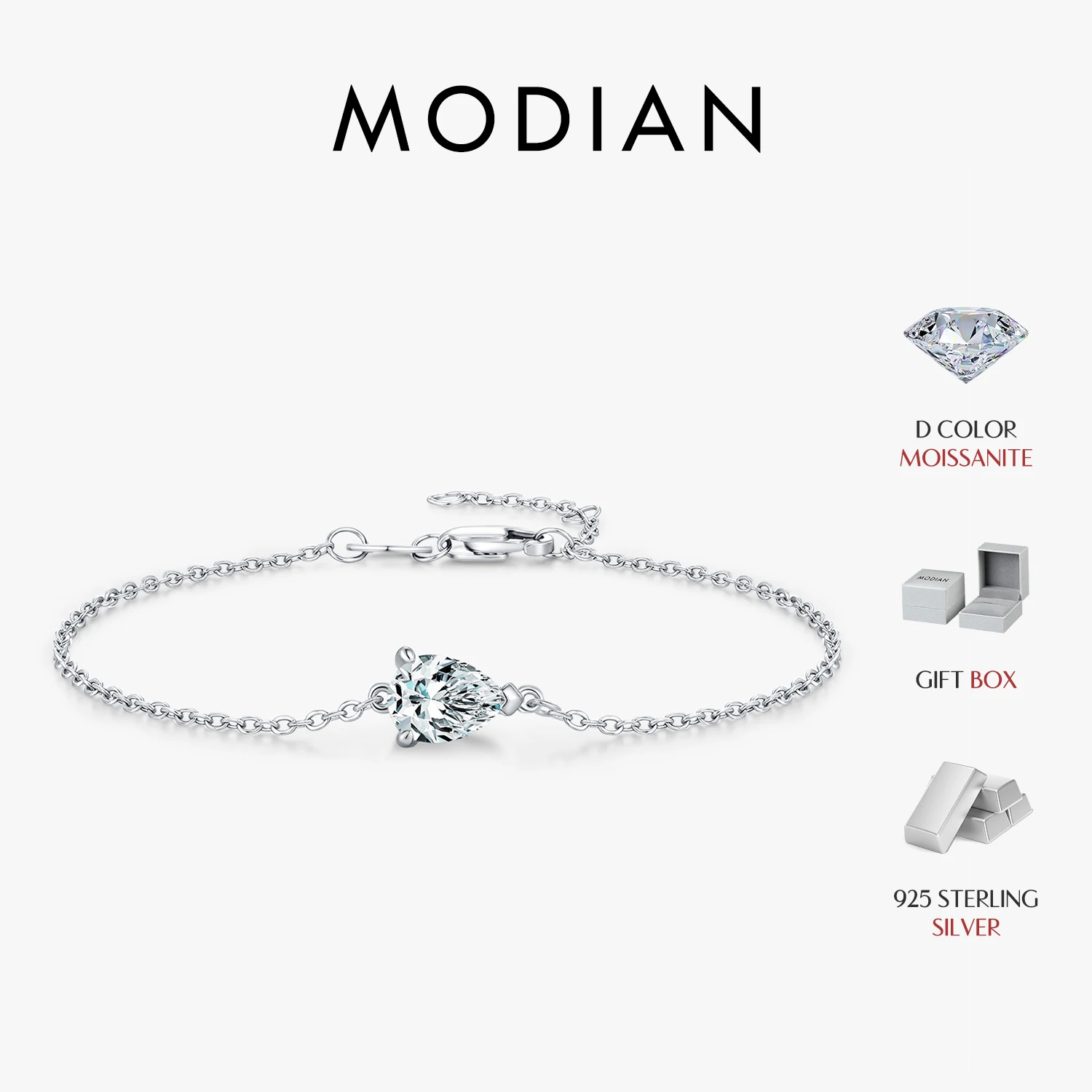 

MODIAN 925 Sterling Sliver 0.8CT Moissanite Bracelet Charming Water Drop Link Chain Bracelets For Women Fine Jewelry