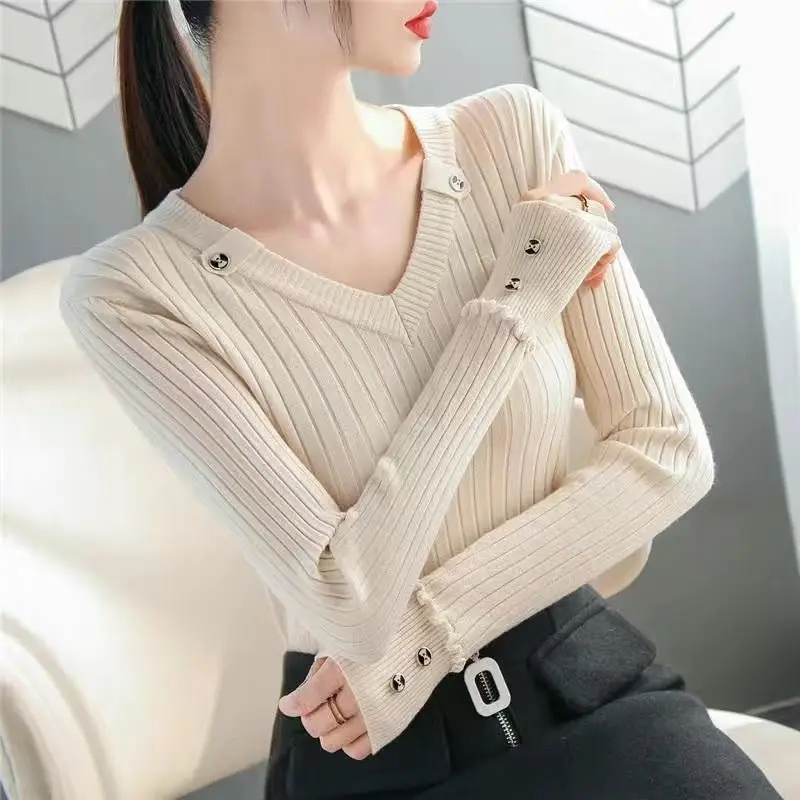 Elegant Solid Color Knitted Button Spliced Ruffles Sweaters Women's Clothing 2022 Autumn New Casual Pullovers Loose Korean Tops