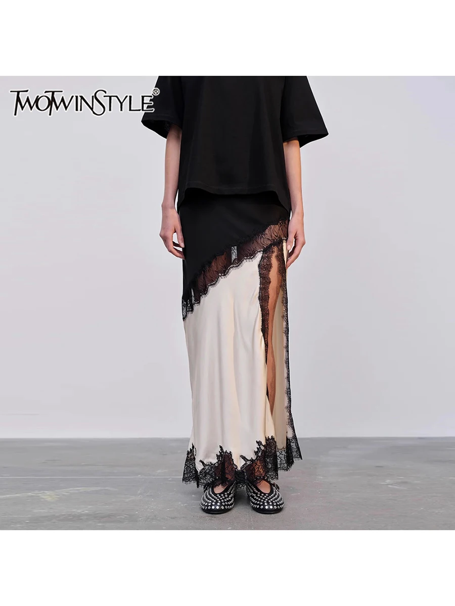 TWOTWINSTYLE Hit Color Spliced Lace  Loose Skirts For Women High Waist Temperament Split Skirt Female Fashion Style Fashion New