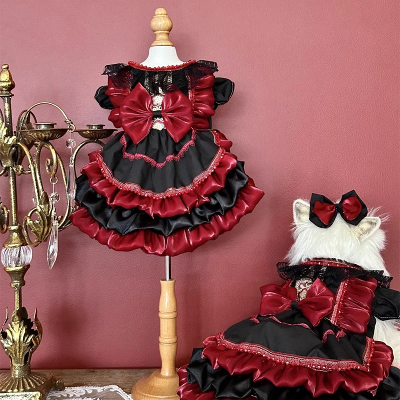 

Fashion Fine Black Red Pet Dog Cats Clothes Vintage Chic Design Cute Bow Party Princess Dress For Small Medium Dog Puppy Coats